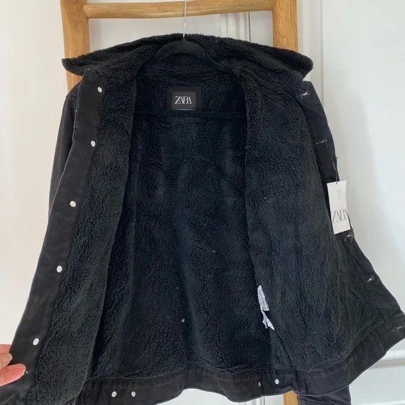 Zara Black Denim Jacket Men’s XL Faux Sherpa-Lined Button Up Trucker Winter NWT
